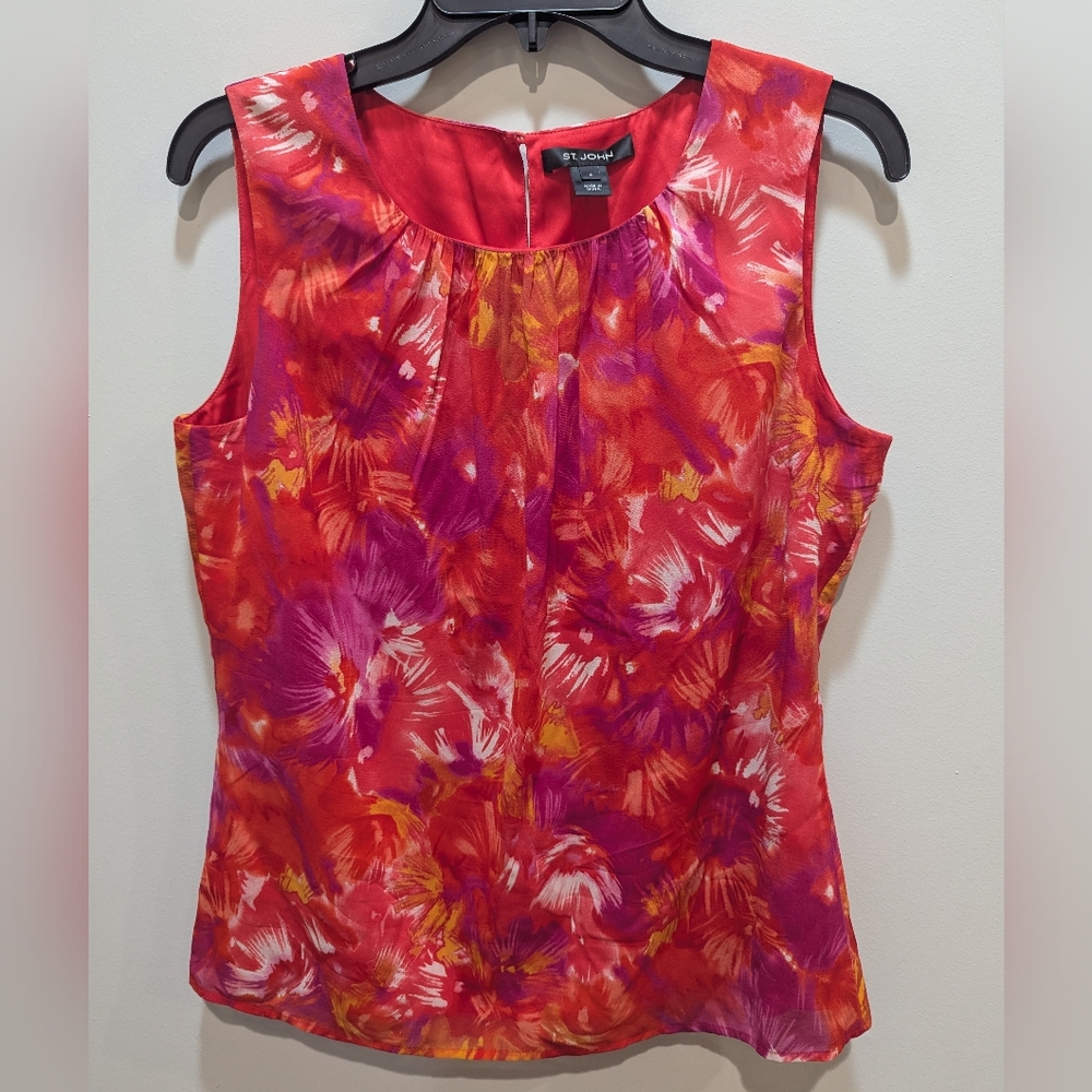 St John Beautiful Watercolor Floral Silk Sleeveless Blouse